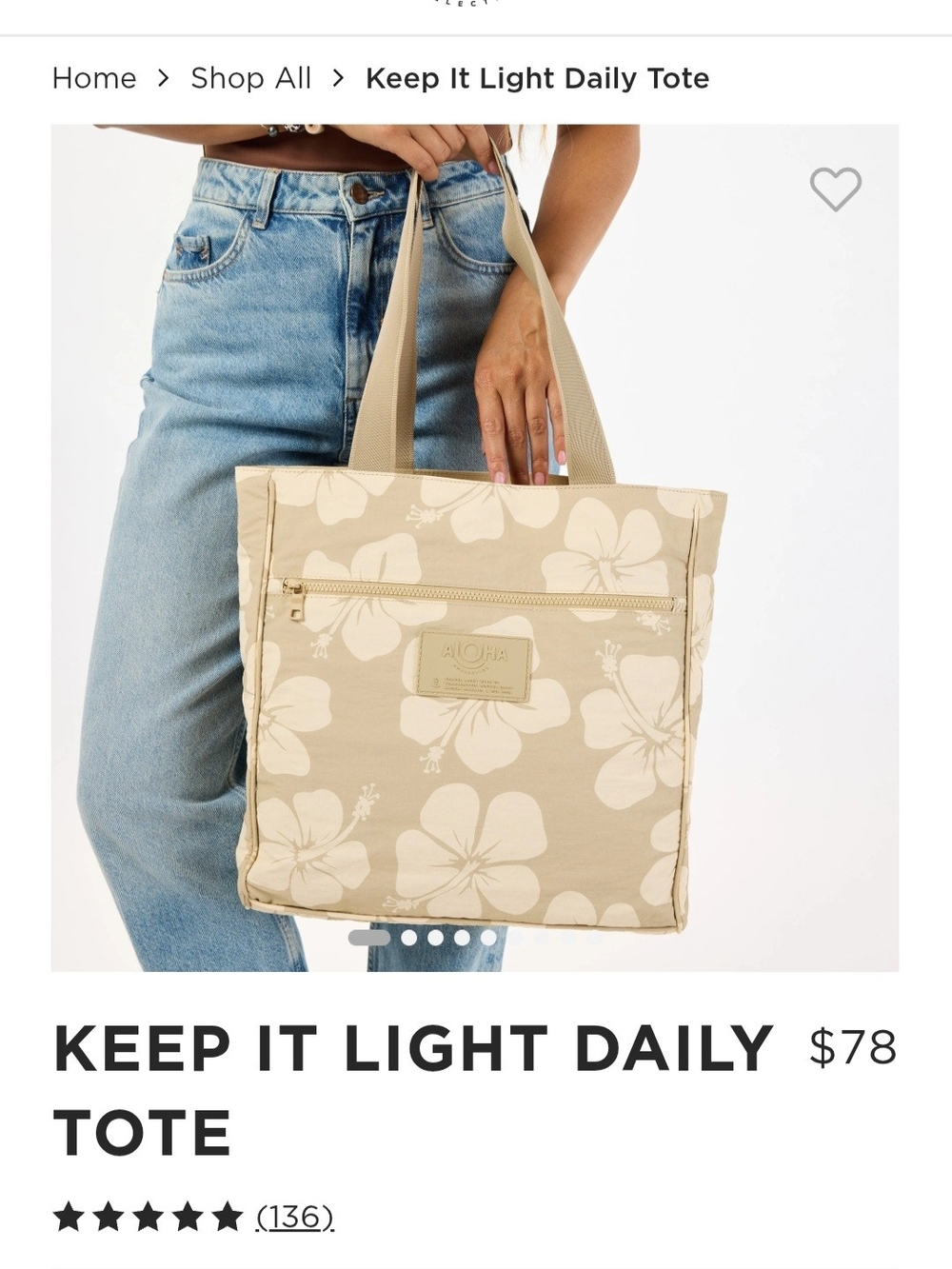 ALOHA Collection Beige Floral Tote with Cream Hibiscus Print